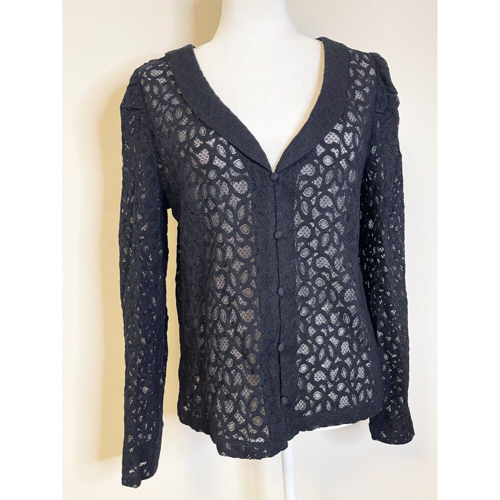 LOFT Black Lace Button Front Blouse Sheer Long Sleeve Feminine Chic Top NWT - XL